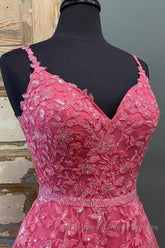 A Line V Neck Open Back Beaded Hot Pink Lace Long Semi Formal Prom Dresses, Hot Pink Lace Formal Graduation Evening Dresses